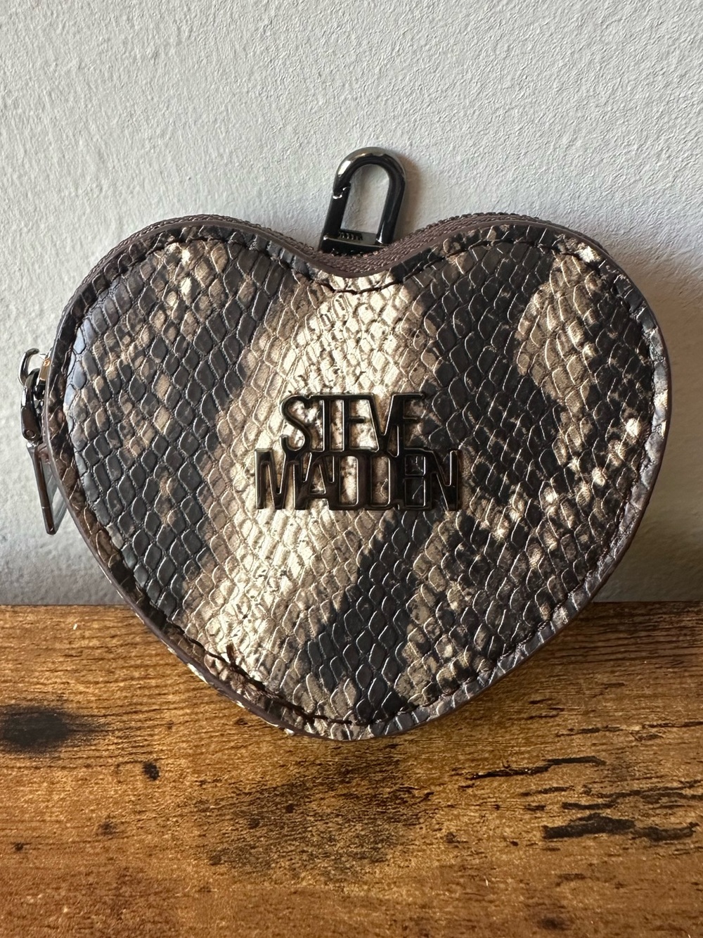 Steve Madden Snake-Print Embossed Heart Coin Pouch Bag Charm Keychain Brown/Tan